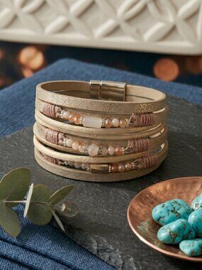 Vegan Leather Wrap Bracelet Champagne Multi Strand Beaded Magnetic Boho 7.5"